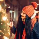 Urban winter evening, love couple walking