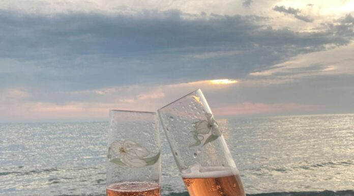 Ljubav s ukusom šampanjca couple clinking glasses of champagne on seashore