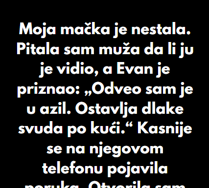 “Moja mačka je nestala. Pitala sam muža da li ju je vidio, a Evan je priznao…” “Moja mačka je nestala. Pitala sam muža da li ju je vidio, a Evan je priznao…”