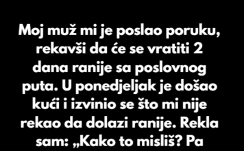 “Moj muž mi je poslao poruku, rekavši da će se vratiti 2 dana ranije s poslovnog puta…” “Moj muž mi je poslao poruku, rekavši da će se vratiti 2 dana ranije s poslovnog puta…”