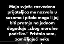 Moja prijateljica, svježe razvedena, nazvala me u suzama i pitala mogu li joj biti pratnja na jednom događaju… Moja prijateljica, svježe razvedena, nazvala me u suzama i pitala mogu li joj biti pratnja na jednom događaju…