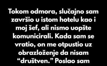 Tokom mog odmora, slučajno sam završio u istom hotelu kao i moj šef. Tokom mog odmora, slučajno sam završio u istom hotelu kao i moj šef.
