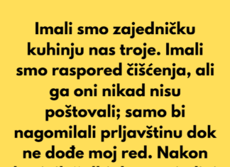 Imali smo zajedničku kuhinju nas troje. Imali smo raspored čišćenja, ali ga oni nikad nisu poštovali… Imali smo zajedničku kuhinju nas troje. Imali smo raspored čišćenja, ali ga oni nikad nisu poštovali…