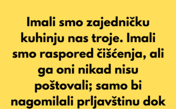 Imali smo zajedničku kuhinju nas troje. Imali smo raspored čišćenja, ali ga oni nikad nisu poštovali… Imali smo zajedničku kuhinju nas troje. Imali smo raspored čišćenja, ali ga oni nikad nisu poštovali…