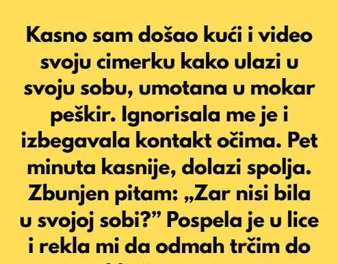 Jednog dana, došao sam kući kasno i video svoju cimerku kako brzo ulazi u svoju sobu, umotana u mokar peškir… Jednog dana, došao sam kući kasno i video svoju cimerku kako brzo ulazi u svoju sobu, umotana u mokar peškir…
