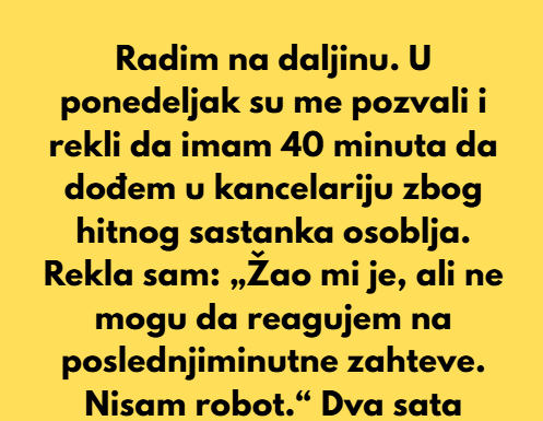 „Odbila sam da dođem na hitan sastanak jer radim na daljinu — sada se umešao HR.“ „Odbila sam da dođem na hitan sastanak jer radim na daljinu — sada se umešao HR.“