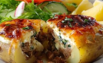SPREMITE SE ZA UKUSNU VEČERU 🥔 punjeni pečeni krompir sa mesom i gljivama – idealno porodično jelo za vikend 🍴✨