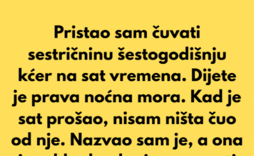 Pristao sam čuvati sestričninu šestogodišnju kćer na sat vremena, ali dijete je bilo prava noćna mora. Pristao sam čuvati sestričninu šestogodišnju kćer na sat vremena, ali dijete je bilo prava noćna mora.