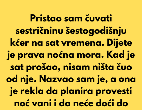 Pristao sam čuvati sestričninu šestogodišnju kćer na sat vremena, ali dijete je bilo prava noćna mora. Pristao sam čuvati sestričninu šestogodišnju kćer na sat vremena, ali dijete je bilo prava noćna mora.