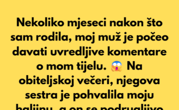 U razdoblju nakon poroda, muž je uvredljivo komentirao ženu i njezino tijelo. Tijekom obiteljske večere, ona se slomila — a nitko nije rekao ni riječ. U razdoblju nakon poroda, muž je uvredljivo komentirao ženu i njezino tijelo. Tijekom obiteljske večere, ona se slomila — a nitko nije rekao ni riječ.