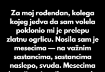Za moj rođendan, kolega kojeg jedva da sam volela poklonio mi je prelepu zlatnu ogrlicu. Za moj rođendan, kolega kojeg jedva da sam volela poklonio mi je prelepu zlatnu ogrlicu.