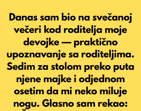 Danas sam bio na svečanoj večeri kod roditelja moje devojke — svojevrsno upoznavanje sa roditeljima. Danas sam bio na svečanoj večeri kod roditelja moje devojke — svojevrsno upoznavanje sa roditeljima.