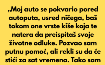 „Moj auto se pokvario pored autoputa, usred ničega, baš tokom one vrste kiše koja te natera da preispitaš svoje životne odluke.” „Moj auto se pokvario pored autoputa, usred ničega, baš tokom one vrste kiše koja te natera da preispitaš svoje životne odluke.”