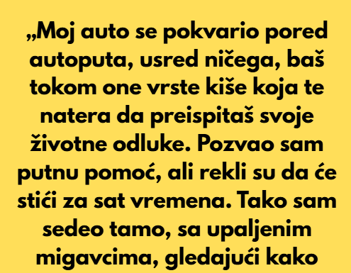 „Moj auto se pokvario pored autoputa, usred ničega, baš tokom one vrste kiše koja te natera da preispitaš svoje životne odluke.” „Moj auto se pokvario pored autoputa, usred ničega, baš tokom one vrste kiše koja te natera da preispitaš svoje životne odluke.”
