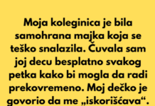 Moja koleginica je bila samohrana majka koja se jedva snalazila. Moja koleginica je bila samohrana majka koja se jedva snalazila.