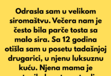 Odrasla sam u velikom siromaštvu. Večera nam je bila parče tosta sa malo sira odozgo. Odrasla sam u velikom siromaštvu. Večera nam je bila parče tosta sa malo sira odozgo.