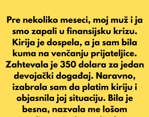 Pre nekoliko meseci, moj muž i ja smo zapali u finansijsku krizu. Pre nekoliko meseci, moj muž i ja smo zapali u finansijsku krizu.