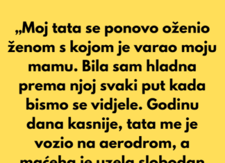 „U trećem razredu srednje škole, moj tata se ponovo oženio ženom s kojom je nekoliko godina ranije varao moju mamu.” „U trećem razredu srednje škole, moj tata se ponovo oženio ženom s kojom je nekoliko godina ranije varao moju mamu.”