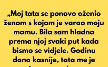„U trećem razredu srednje škole, moj tata se ponovo oženio ženom s kojom je nekoliko godina ranije varao moju mamu.” „U trećem razredu srednje škole, moj tata se ponovo oženio ženom s kojom je nekoliko godina ranije varao moju mamu.”