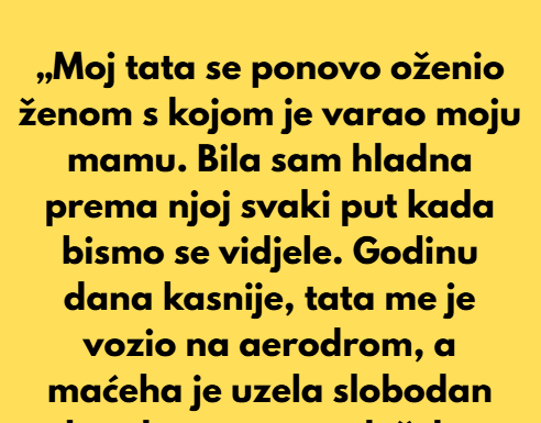 „U trećem razredu srednje škole, moj tata se ponovo oženio ženom s kojom je nekoliko godina ranije varao moju mamu.” „U trećem razredu srednje škole, moj tata se ponovo oženio ženom s kojom je nekoliko godina ranije varao moju mamu.”