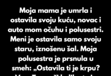 Kada je moja mama umrla, ostavila je kuću, auto i ušteđevinu mom očuhu i polusestri. Kada je moja mama umrla, ostavila je kuću, auto i ušteđevinu mom očuhu i polusestri.