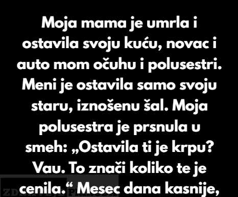 Kada je moja mama umrla, ostavila je kuću, auto i ušteđevinu mom očuhu i polusestri. Kada je moja mama umrla, ostavila je kuću, auto i ušteđevinu mom očuhu i polusestri.
