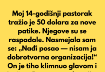 Moj 14-godišnji pastorak tražio je 50 dolara za nove patike. Moj 14-godišnji pastorak tražio je 50 dolara za nove patike.