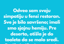 Odveo sam svoju simpatiju u fensi restoran. Sve je bilo savršeno; imali smo sjajnu hemiju. Odveo sam svoju simpatiju u fensi restoran. Sve je bilo savršeno; imali smo sjajnu hemiju.