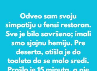 Odveo sam svoju simpatiju u fensi restoran. Sve je bilo savršeno; imali smo sjajnu hemiju. Odveo sam svoju simpatiju u fensi restoran. Sve je bilo savršeno; imali smo sjajnu hemiju.