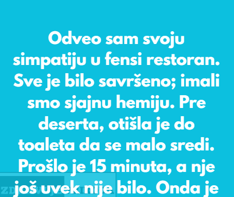 Odveo sam svoju simpatiju u fensi restoran. Sve je bilo savršeno; imali smo sjajnu hemiju. Odveo sam svoju simpatiju u fensi restoran. Sve je bilo savršeno; imali smo sjajnu hemiju.