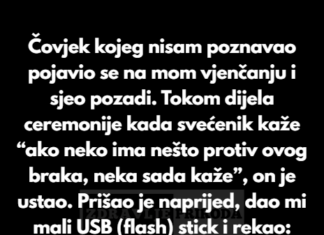 “Čovjek kojeg nisam poznavao pojavio se na mom vjenčanju i sjeo pozadi.” “Čovjek kojeg nisam poznavao pojavio se na mom vjenčanju i sjeo pozadi.”