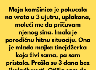 Moja komšinica je pokucala na vrata u 3 ujutru, uplakana, moleći me da pričuvam njenog sina. Moja komšinica je pokucala na vrata u 3 ujutru, uplakana, moleći me da pričuvam njenog sina.