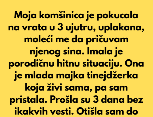Moja komšinica je pokucala na vrata u 3 ujutru, uplakana, moleći me da pričuvam njenog sina. Moja komšinica je pokucala na vrata u 3 ujutru, uplakana, moleći me da pričuvam njenog sina.