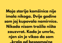 Moja komšinica nije imala nikoga. Dvije godine sam joj kupovala namirnice i nikada nisam tražila ništa zauzvrat. Moja komšinica nije imala nikoga. Dvije godine sam joj kupovala namirnice i nikada nisam tražila ništa zauzvrat.