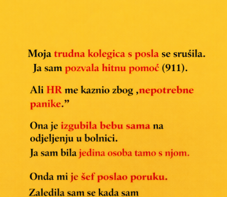 “Moja trudna kolegica Sara se srušila za svojim stolom u utorak, a niko se nije pomjerio. Ja sam pozvala hitnu pomoć.” “Moja trudna kolegica Sara se srušila za svojim stolom u utorak, a niko se nije pomjerio. Ja sam pozvala hitnu pomoć.”