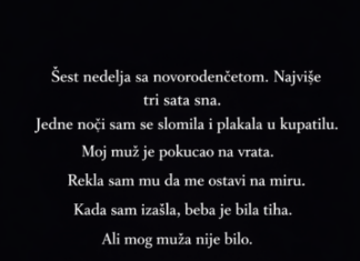 “Nisam spavala više od tri sata punih šest nedelja. Nova beba.” “Nisam spavala više od tri sata punih šest nedelja. Nova beba.”