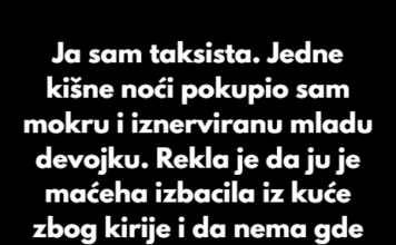 Ja sam taksista. Jedne kišne noći pokupio sam mokru i iznerviranu mladu devojku. Ja sam taksista. Jedne kišne noći pokupio sam mokru i iznerviranu mladu devojku.