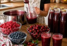 Od 3 kg malina, 2 kg višanja i 1 kg borovnica dobijem 11 litara domaćeg soka Od 3 kg malina, 2 kg višanja i 1 kg borovnica dobijem 11 litara domaćeg soka