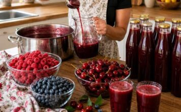 Od 3 kg malina, 2 kg višanja i 1 kg borovnica dobijem 11 litara domaćeg soka Od 3 kg malina, 2 kg višanja i 1 kg borovnica dobijem 11 litara domaćeg soka