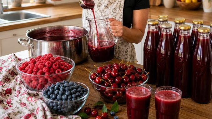Od 3 kg malina, 2 kg višanja i 1 kg borovnica dobijem 11 litara domaćeg soka Od 3 kg malina, 2 kg višanja i 1 kg borovnica dobijem 11 litara domaćeg soka