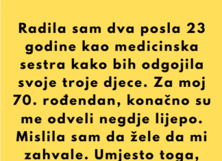 Dvadeset i tri godine radila sam dva posla kao medicinska sestra kako bih odgojila svoje troje djece. Prošle sedmice izveli su me na večeru povodom mog 70. rođendana. Rekli su: „Zaslužuješ više.“ Nasmiješila sam se. Dvadeset i tri godine radila sam dva posla kao medicinska sestra kako bih odgojila svoje troje djece. Prošle sedmice izveli su me na večeru povodom mog 70. rođendana. Rekli su: „Zaslužuješ više.“ Nasmiješila sam se.