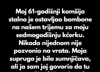 Moj 61-godišnji komšija stalno je ostavljao bombone na našem trijemu za moju sedmogodišnju kćerku. Nikada nijednom nije pozvonio na vrata. Moj 61-godišnji komšija stalno je ostavljao bombone na našem trijemu za moju sedmogodišnju kćerku. Nikada nijednom nije pozvonio na vrata.