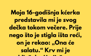 Moja 16-godišnja kćerka predstavila mi je svog dečka tokom večere. Prije nego što je konobarica stigla pogledati u nju, on je rekao: „Ona će salatu.“ Krv mi je proključala. Umiješao sam se: „Ona može sama naručiti.“ Naručila je cheeseburger. Moja 16-godišnja kćerka predstavila mi je svog dečka tokom večere. Prije nego što je konobarica stigla pogledati u nju, on je rekao: „Ona će salatu.“ Krv mi je proključala. Umiješao sam se: „Ona može sama naručiti.“ Naručila je cheeseburger.
