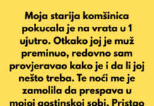 Moja starija komšinica pokucala je na vrata u jedan sat ujutro. Otkako joj je muž preminuo, redovno sam provjeravao kako je. Te noći me je zamolila da prespava u mojoj gostinskoj sobi. Moja starija komšinica pokucala je na vrata u jedan sat ujutro. Otkako joj je muž preminuo, redovno sam provjeravao kako je. Te noći me je zamolila da prespava u mojoj gostinskoj sobi.