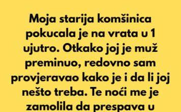 Moja starija komšinica pokucala je na vrata u jedan sat ujutro. Otkako joj je muž preminuo, redovno sam provjeravao kako je. Te noći me je zamolila da prespava u mojoj gostinskoj sobi. Moja starija komšinica pokucala je na vrata u jedan sat ujutro. Otkako joj je muž preminuo, redovno sam provjeravao kako je. Te noći me je zamolila da prespava u mojoj gostinskoj sobi.